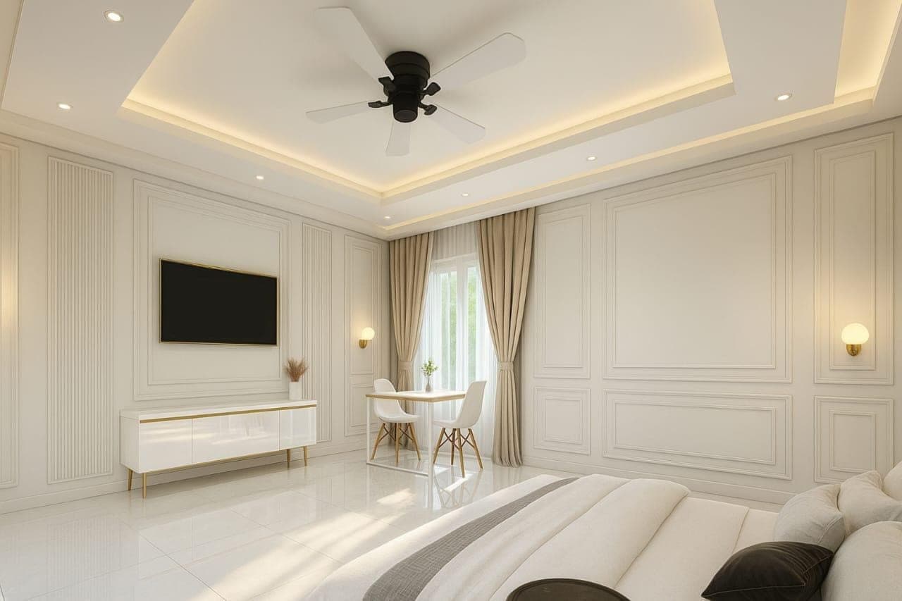 Nagoor House classical-style bedroom with wall panelling