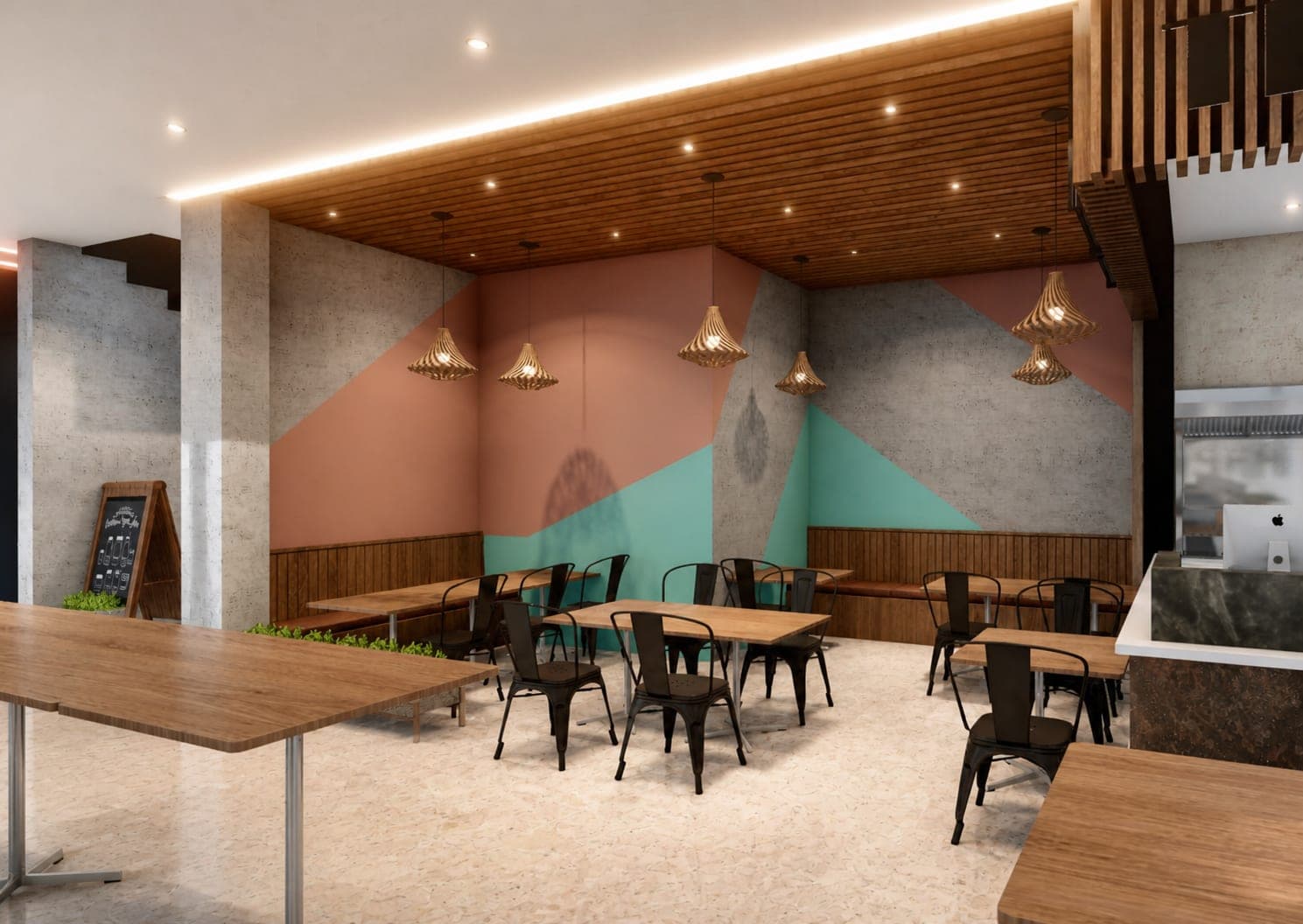 Railway Food Court seating area with rattan pendants